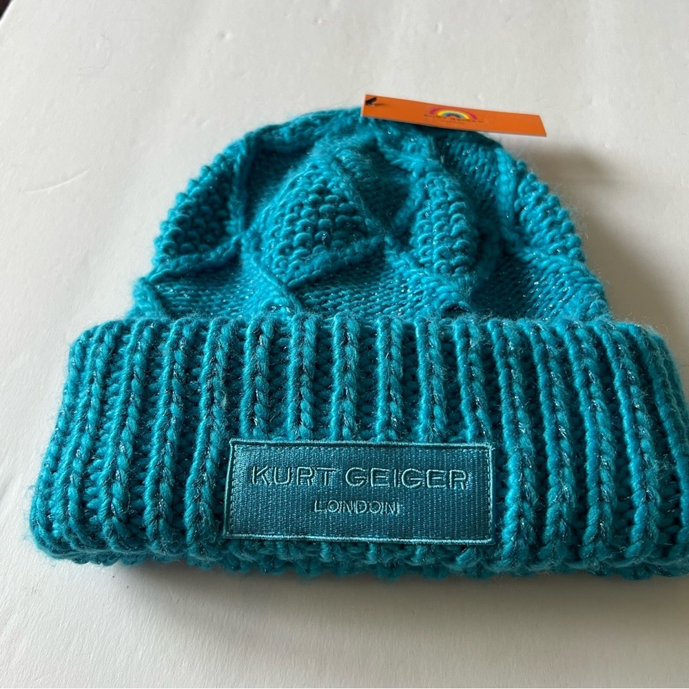 KURT GEIGER CUFFED KNOT BEANIE TURQUOISE BLUE OS NWT